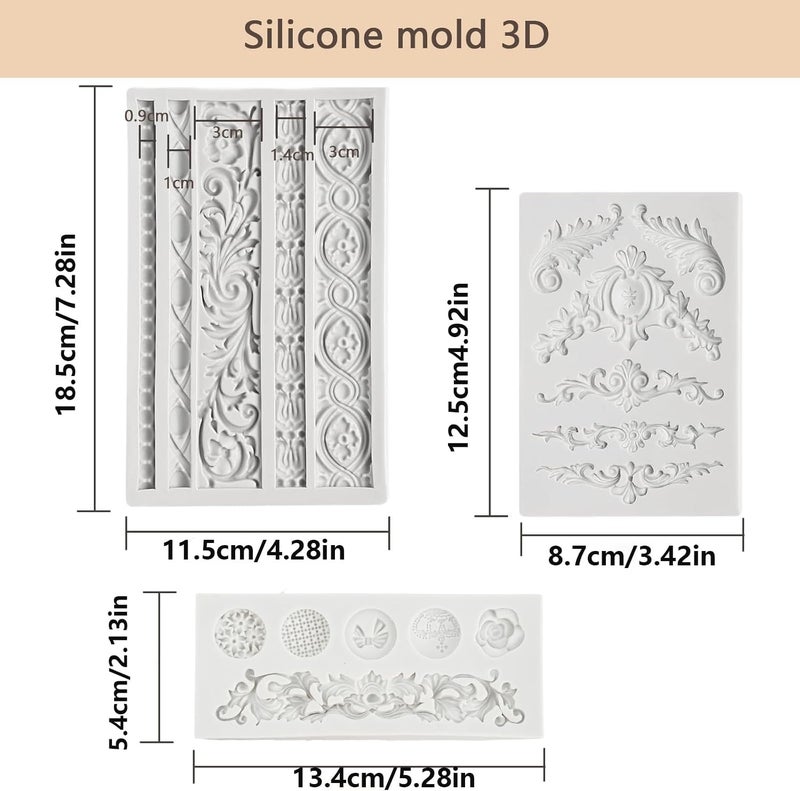 Pofflujent 3 Pcs Baroque Silicone Molds Baroque Style Curlicues Scroll Lace Fondant Silicone Mold Scroll silicone Baroque Mold Relief Flower Lace Mould for Wedding Birthday Cake Decoration - Image 2